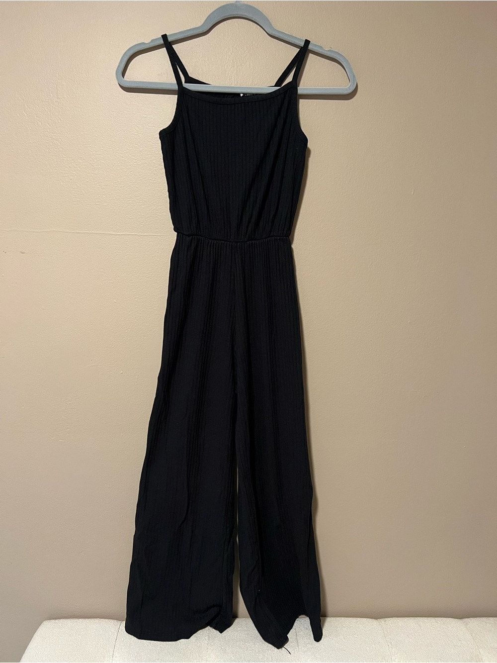 Black Ribbed Wide-Leg Summer to Autumn Jumpsuit with Spaghetti Straps